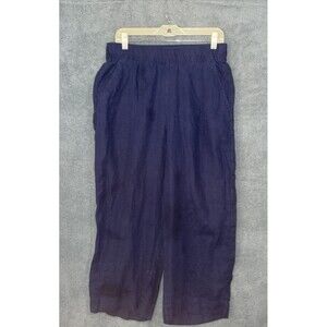 Tahari Womens Wide Leg Linen Pants Size Large‎ Blue Cropped Beach Costal Travel